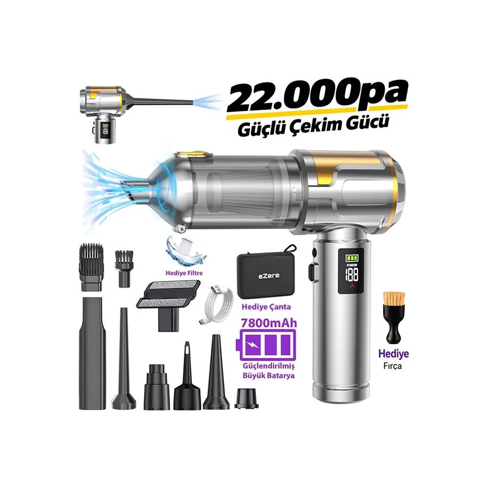 EZERE Nanovac 150W 22000pa Güçlü Portatif Vakumlu Kablosuz Üflemeli Mini Araç İçi Süpürge