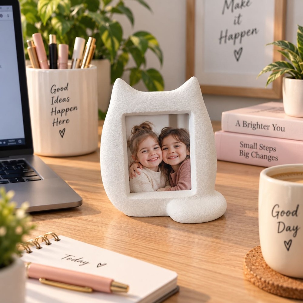 Msv Studio 3d Kedi Figürlü Dekoratif Fotoğraf Çerçevesi – Sevimli Kedi Tasarımlı Masaüstü Fotoğraf Tutucu – Biyoplastik