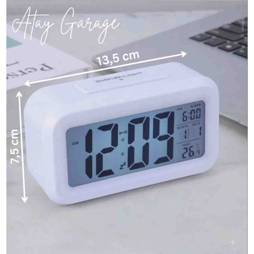 Atay Garage Dijital Alarmlı Masa Saati - Sensörlü Işıklı, Termometreli, Takvimli (13.5 x 7.5 Cm)