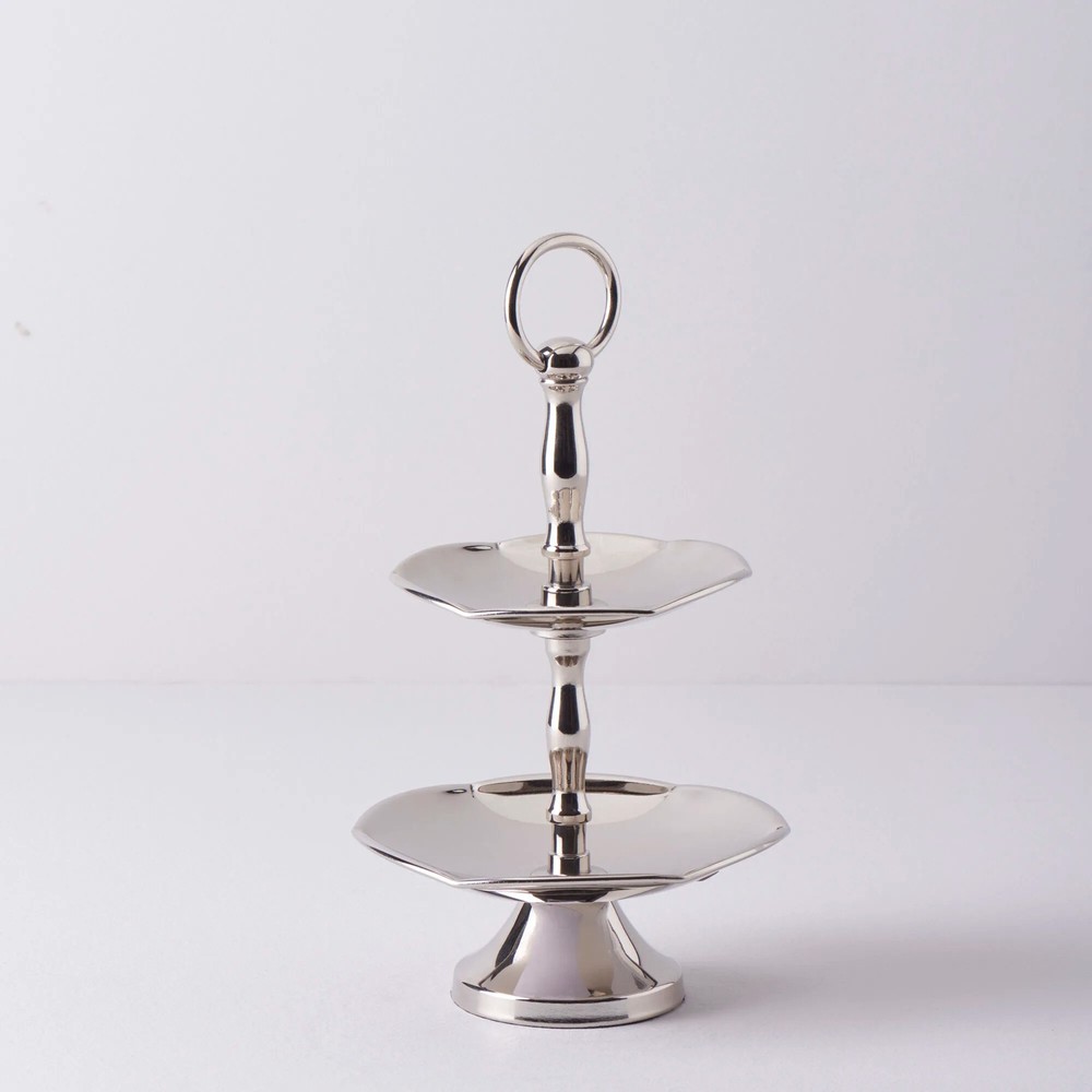 Linens Wawe 2 Katlı Servis Gümüş 13x16x24 cm Metal Ayaklı Sunumluk Modern Tasarım