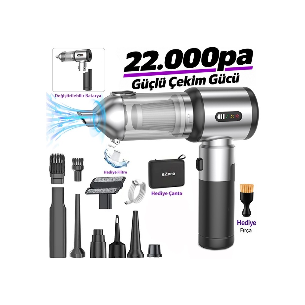 Ezere Duoforcevac 22000PA  Güçlü Portatif Taşınabilir Vakumlu Kablosuz Üflemeli Mini Araç Süpürgesi