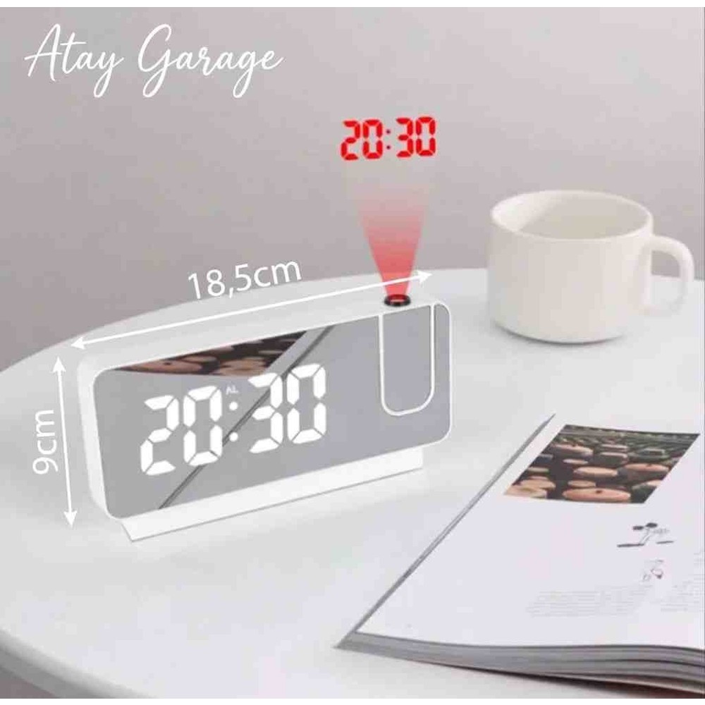 Atay Garage Dijital Projeksiyonlu Beyaz Masa Saati Aynalı Ekran Isı Göstergeli Çalar Saat (18.5-9 Cm)