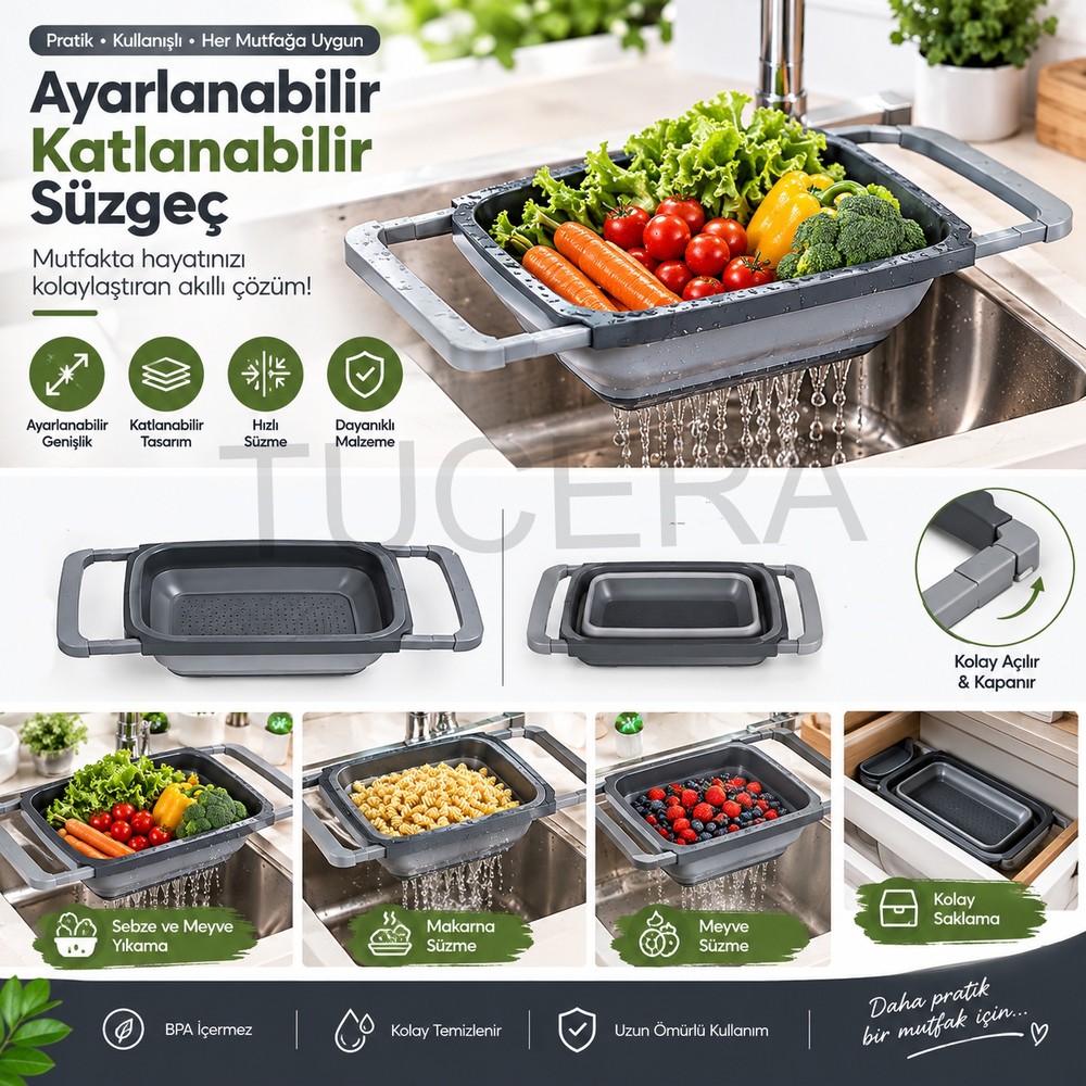 Tucera Ayarlanabilir Katlanabilir Lavabo Içi Süzgeç – 6.3 Litre Geniş Hacimli Meyve, Sebze ve Makarna Süzgeci (Antrasit Gri)