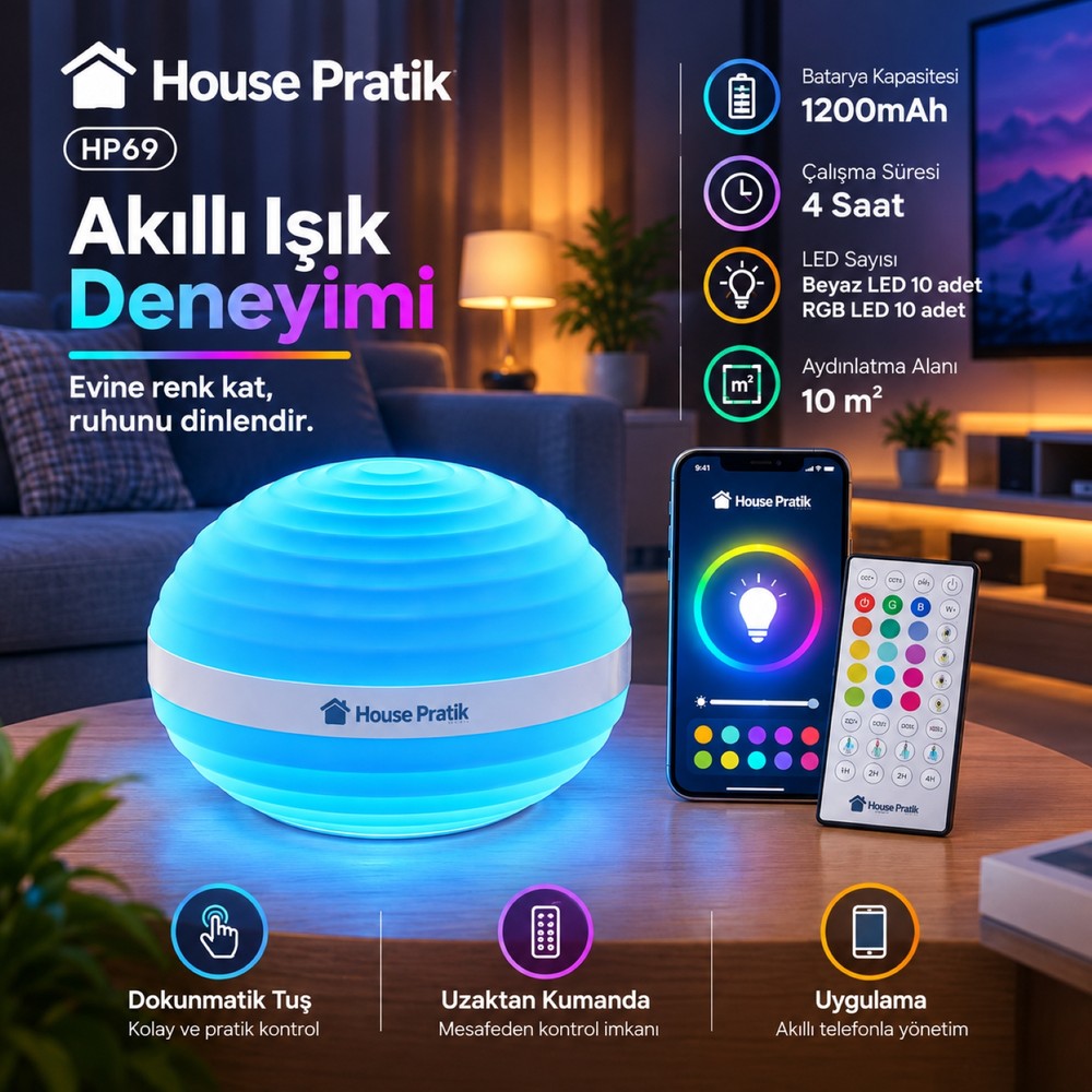 House Pratik HP69 Akıllı LED Masa Lambası RGBW WiFi Uygulama Kumandalı Dokunmatik 1200mAh Beyaz