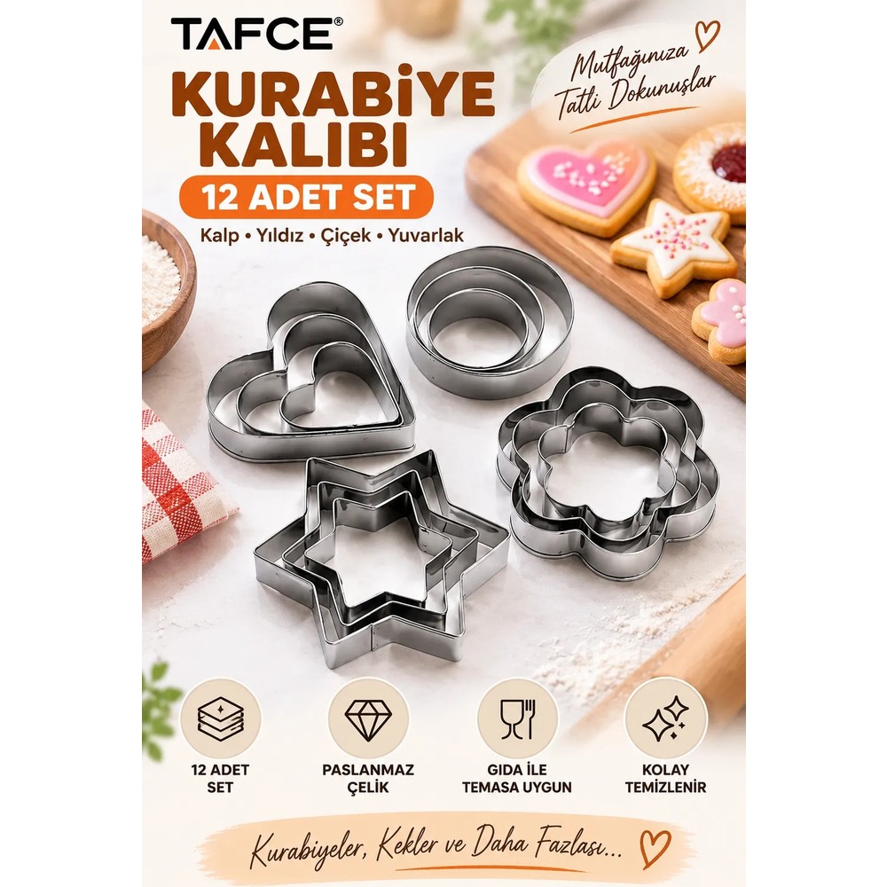 Tafce 12 Adet Paslanmaz Çelik Kurabiye Kalıbı Kalp,yıldız,çiçek,yuvarlak Kek,bisküvi Kurabiye Kalıbı