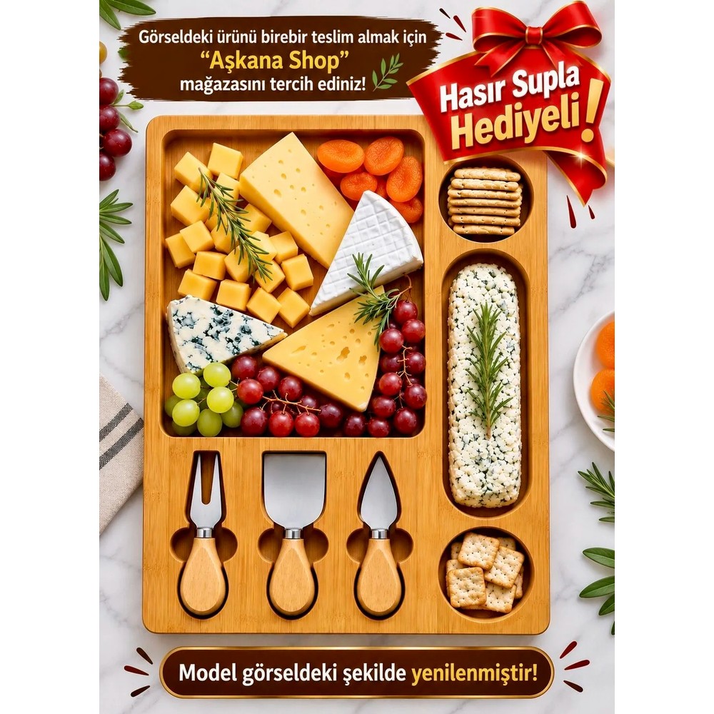 Aşkana Ahşap Peynir ve Atıştırmalık Servis Tabağı 6+1 Bölmeli+3’lü Aparat Seti (Spatula,bıçak,çatal),şarküteri, Çerez ve Meyve Sunum Tahtası