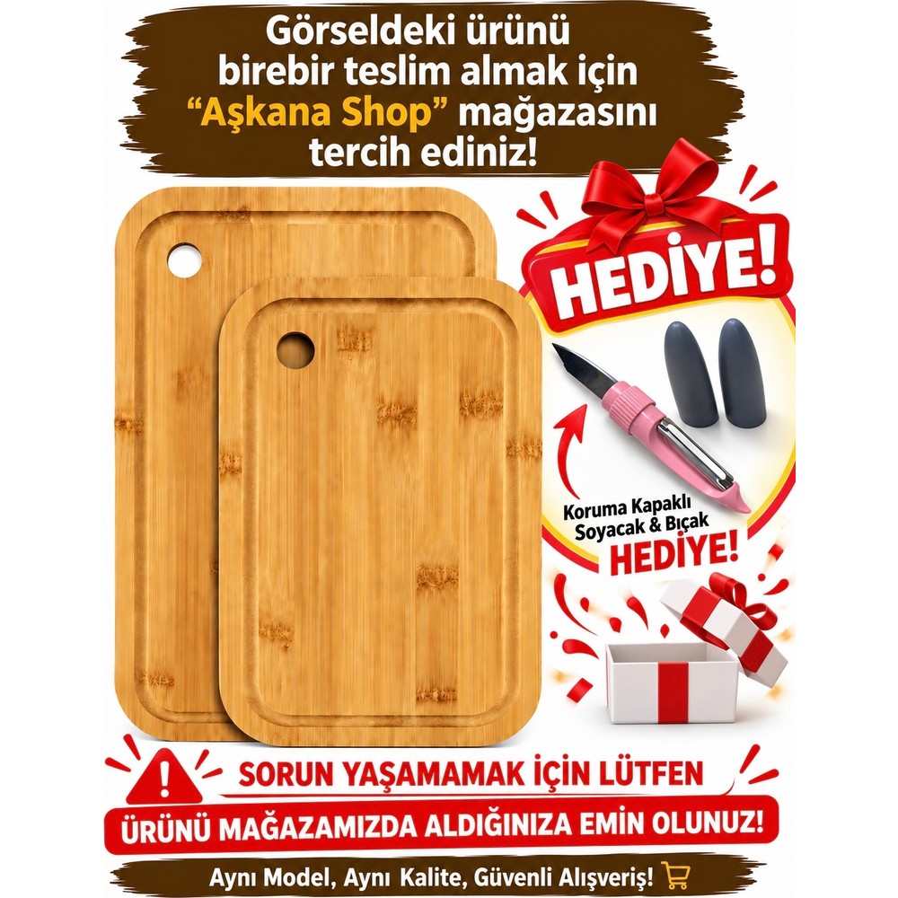 Aşkana Doğal Bambu Kesme Tahtası Seti Büyük & Küçük Boy Mutfak Doğrama ve Sunum Tahtası