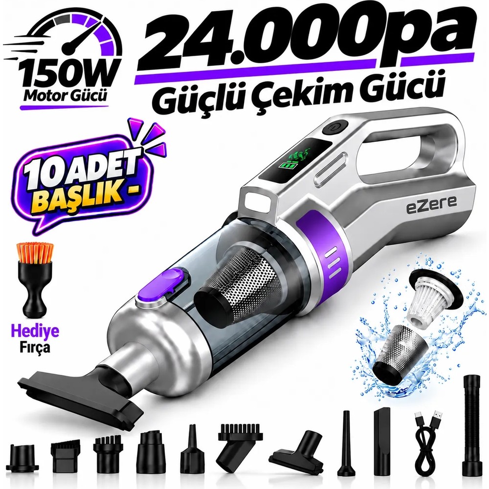 Ezere Powervac 24000PA Araç Içi ve Ev Tipi Şarjlı Vakum Süpürge