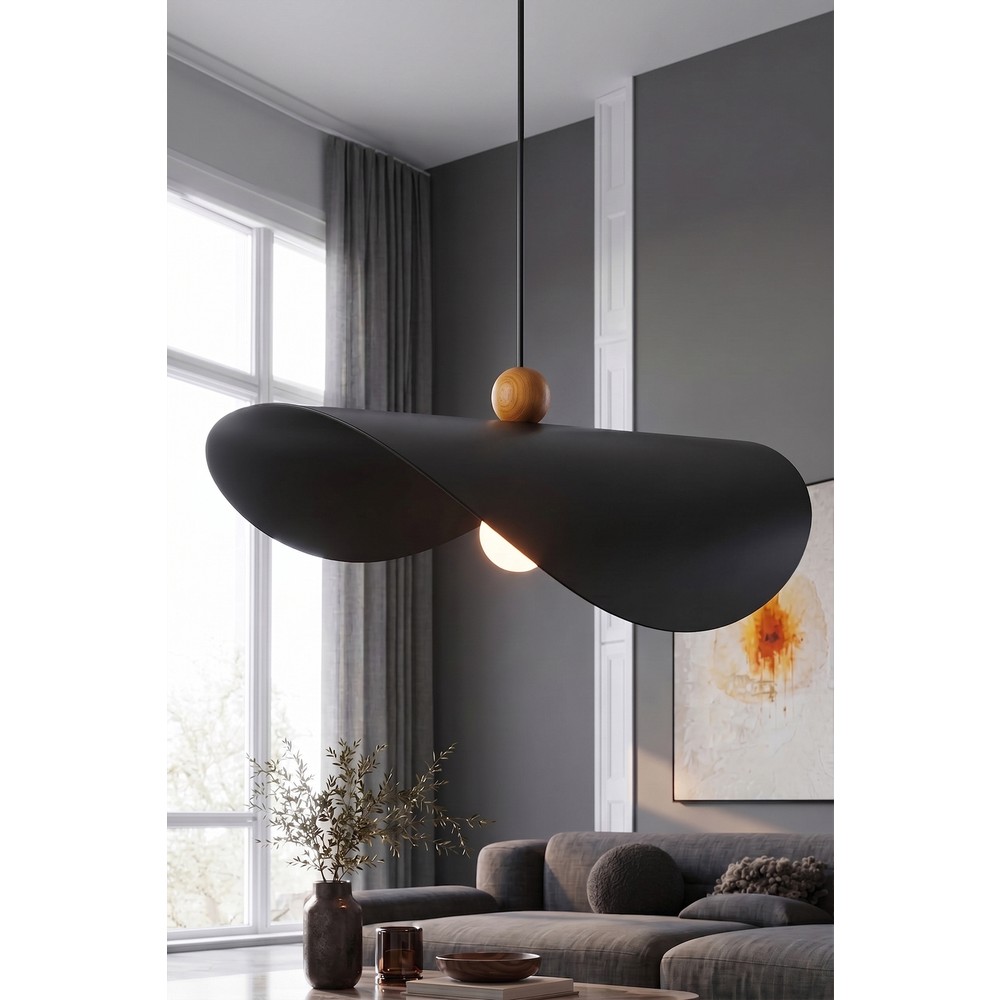 Marrien Colin Ahşap Boncuk Detaylı Siyah Metal Sarkıt (45 Cm) Yemek Masası Üstü Avize Mutfak & Salon Aydınlatması