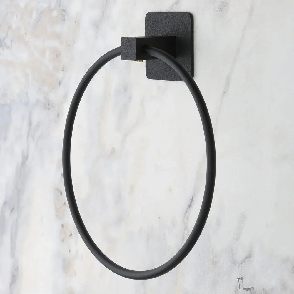 Privo Yapışkanlı Siyah Yuvarlak Metal Havluluk Delmesiz Banyo ve Mutfak El Yüz Havlu Halkası