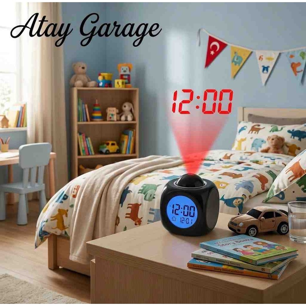 Atay Garage Projeksiyonlu Masa Saati Mavi Ekranlı Siyah Kasa 8-9cm Ebatlarında Tavana Yansıtmalı