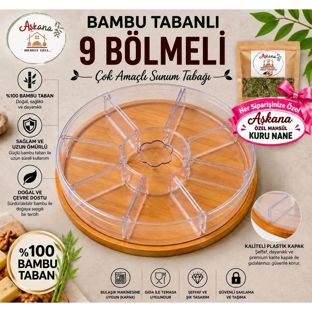Aşkana %100 Bambu Tabanlı 9 Bölmeli Çerezlik, Atıştırmalık Sunum Tabağı- Şeffaf Plastik Bölmeli ve Plastik Kapaklı