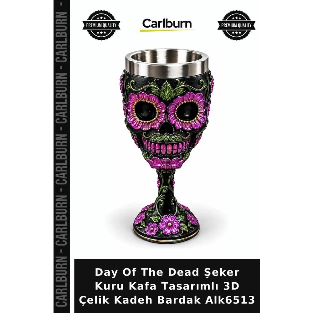 Carlburn Özel Üretim Gotik Hediyelik Day Of The Dead Şeker Kuru Kafa Tasarımlı 3D Çelik Kadeh Bardak ALK6513