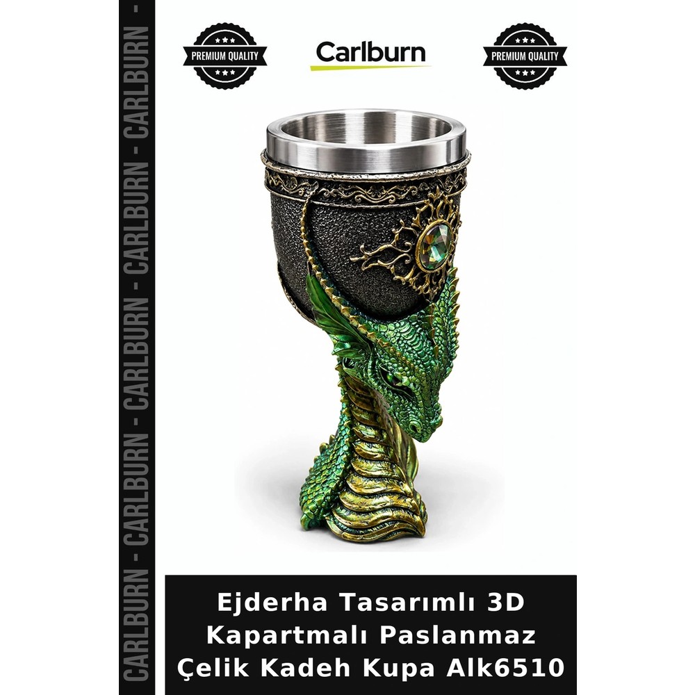 Carlburn Özel Üretim Hediye Dekoratif Ejderha Tasarımlı 3D Kapartmalı Paslanmaz Çelik Kadeh Kupa ALK6510