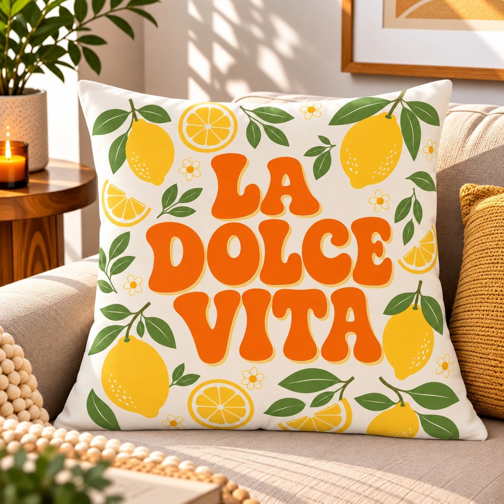 Fuens 43X43 cm La Dolce Vita Limon Desenli Dekoratif Kırlent Kılıfı – Retro Italyan Yaz Temalı Modern Yastık Kılıfı DB033