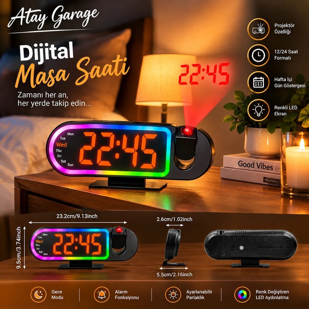 Atay Garage Projeksiyonlu RGB LED Dijital Saat & Alarm – Aynalı Tasarım, Sıcaklık Göstergeli, Modern Masa Saati