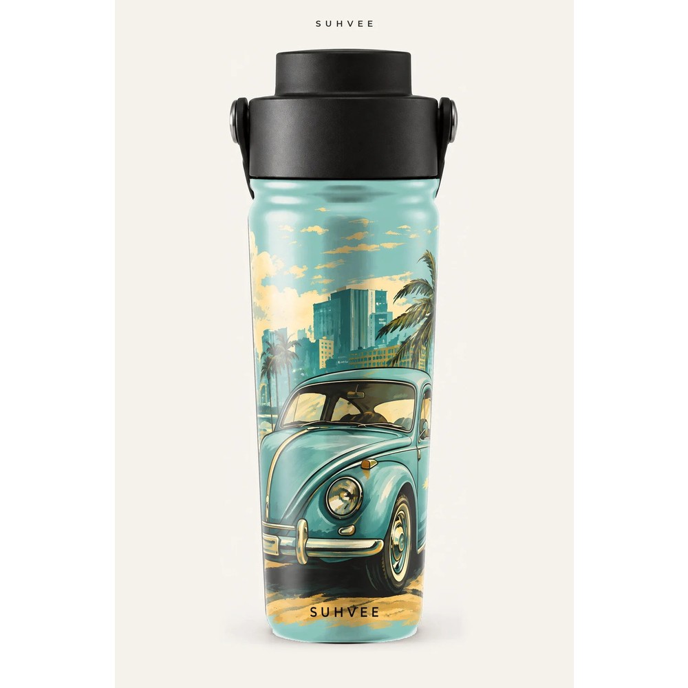 Suhvee Turkuaz Retro Araba Klasik Araba Temalı 500 ml Çift Cidarlı Paslanmaz Çelik Termos