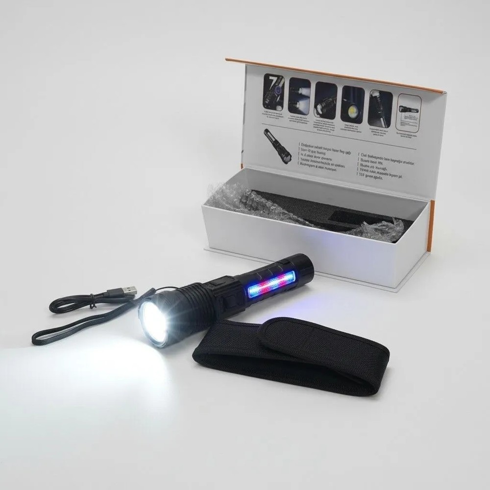 Mustran Şarjlı Zoom Led El Feneri Çelik Gövde 6 Modlu Kamp Tarla Araç Balıkçı Acil Durum