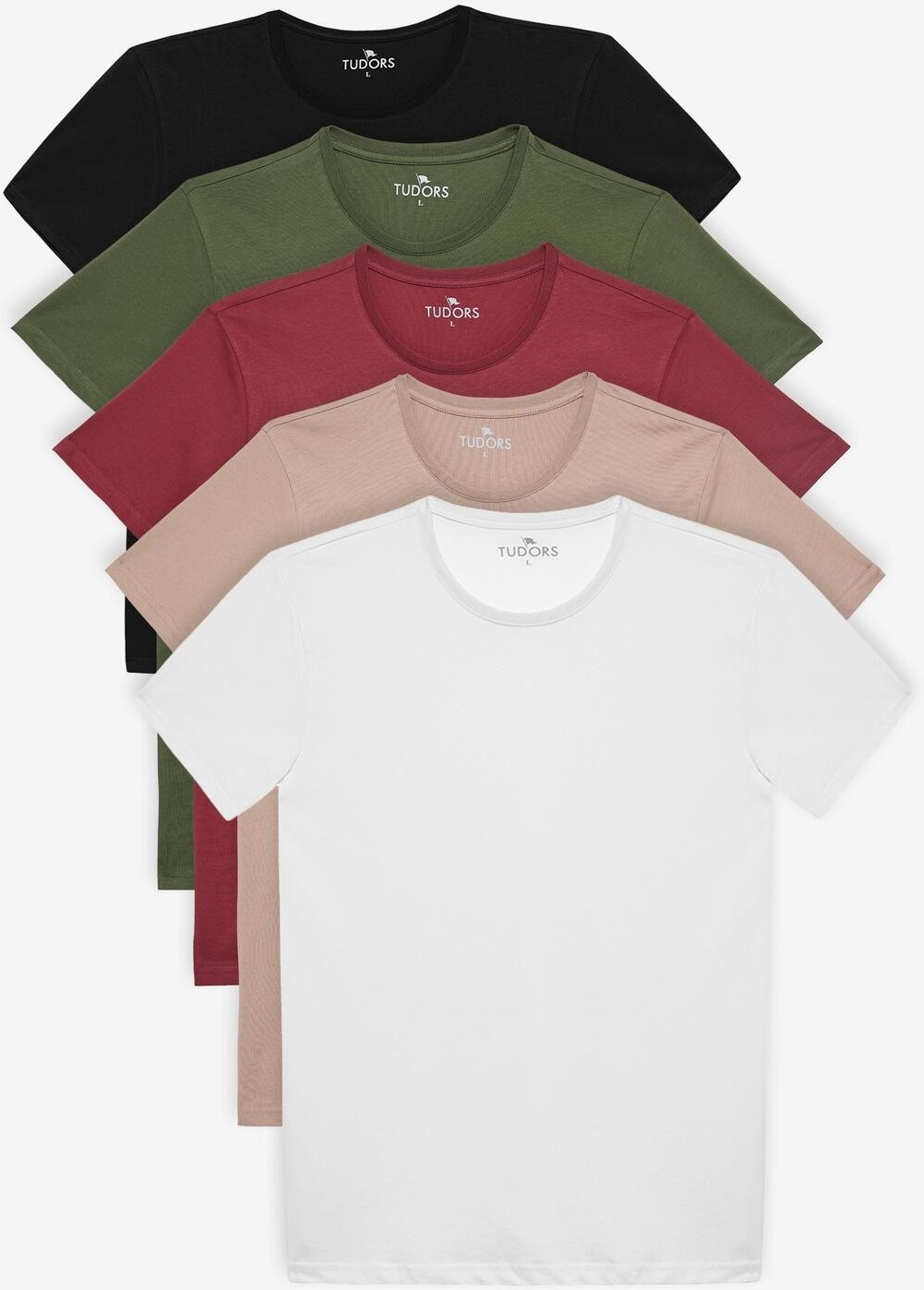 Tudors Unisex 5'li Paket Siyah-Beyaz-Haki-Bordo-Vizon Slim Fit Dar Kesim %100 Pamuk Bisiklet Yaka Tişört