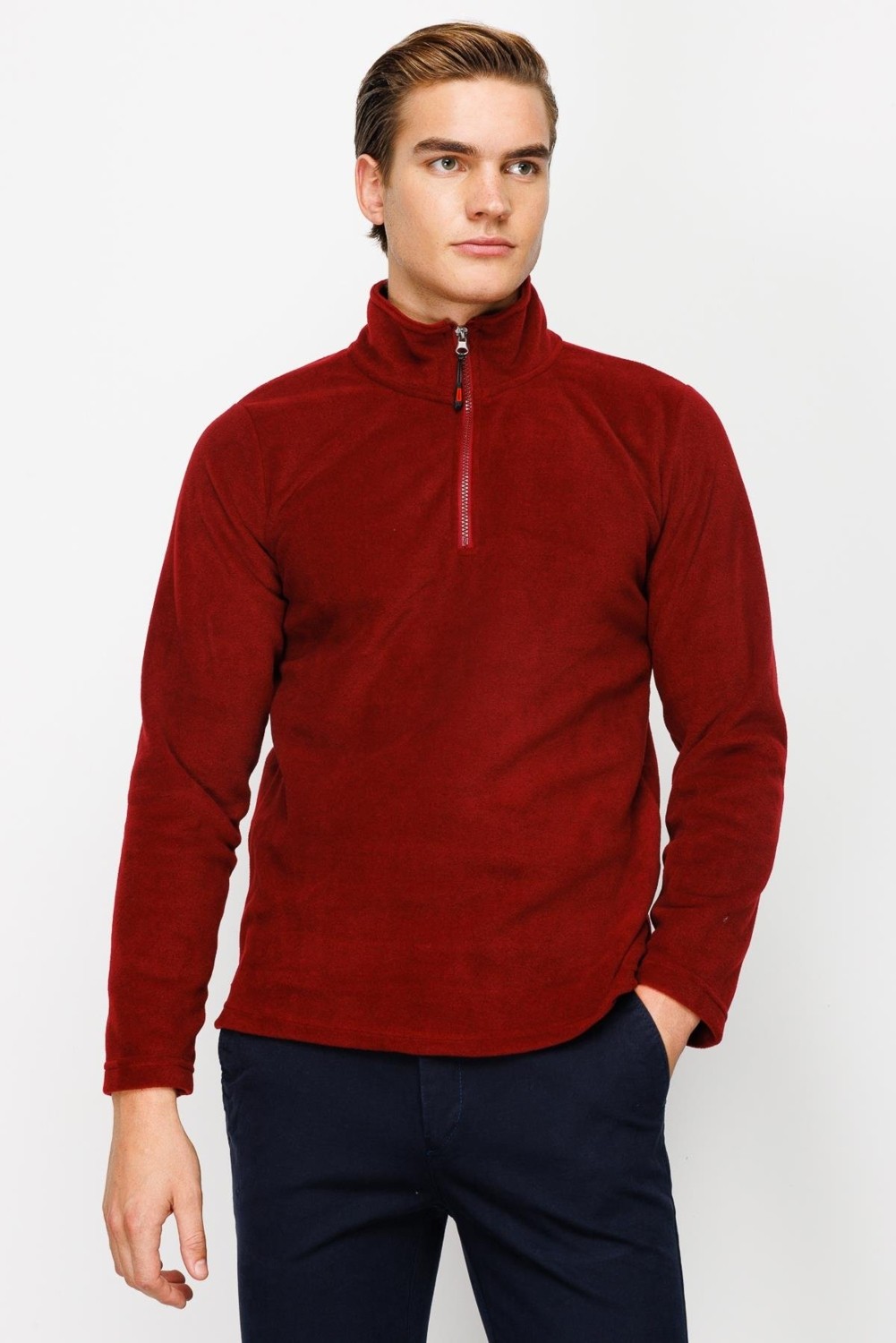 İGS Bordo Erkek Yarım Fermuar Polar Sweatshirt Dik Yaka Model