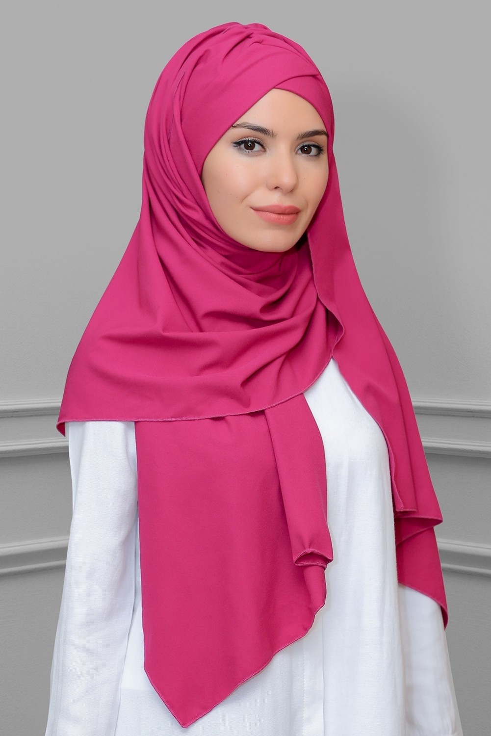 Hürrem Bone Fuşya Pratik Hazır Geçmeli Bone Şal Krep Mevsimlik Tek Bantlı 1453K_20