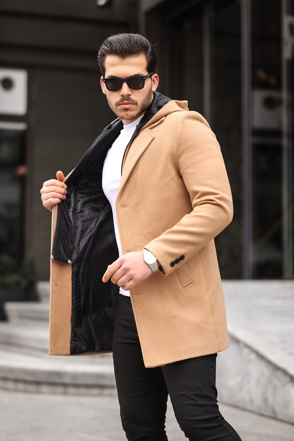 Mero Life Erkek Antrasit Yün Karışımlı Kaşe Kapüşonlu Önü Fermuarlı ve Düğmeli Uzun Kaban