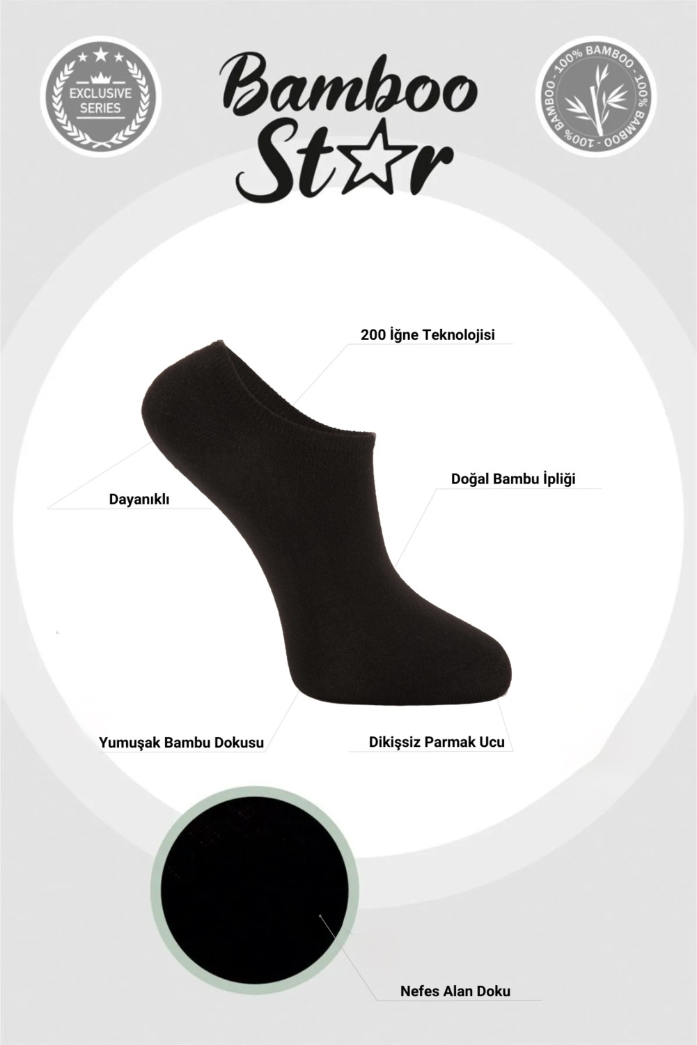 Bamboo Star Erkek Sneaker Siyah Çorap Dikişsiz Görünmez Bilekte Görünmez Spor Çorap Premium 6'lı Paket görsel 2