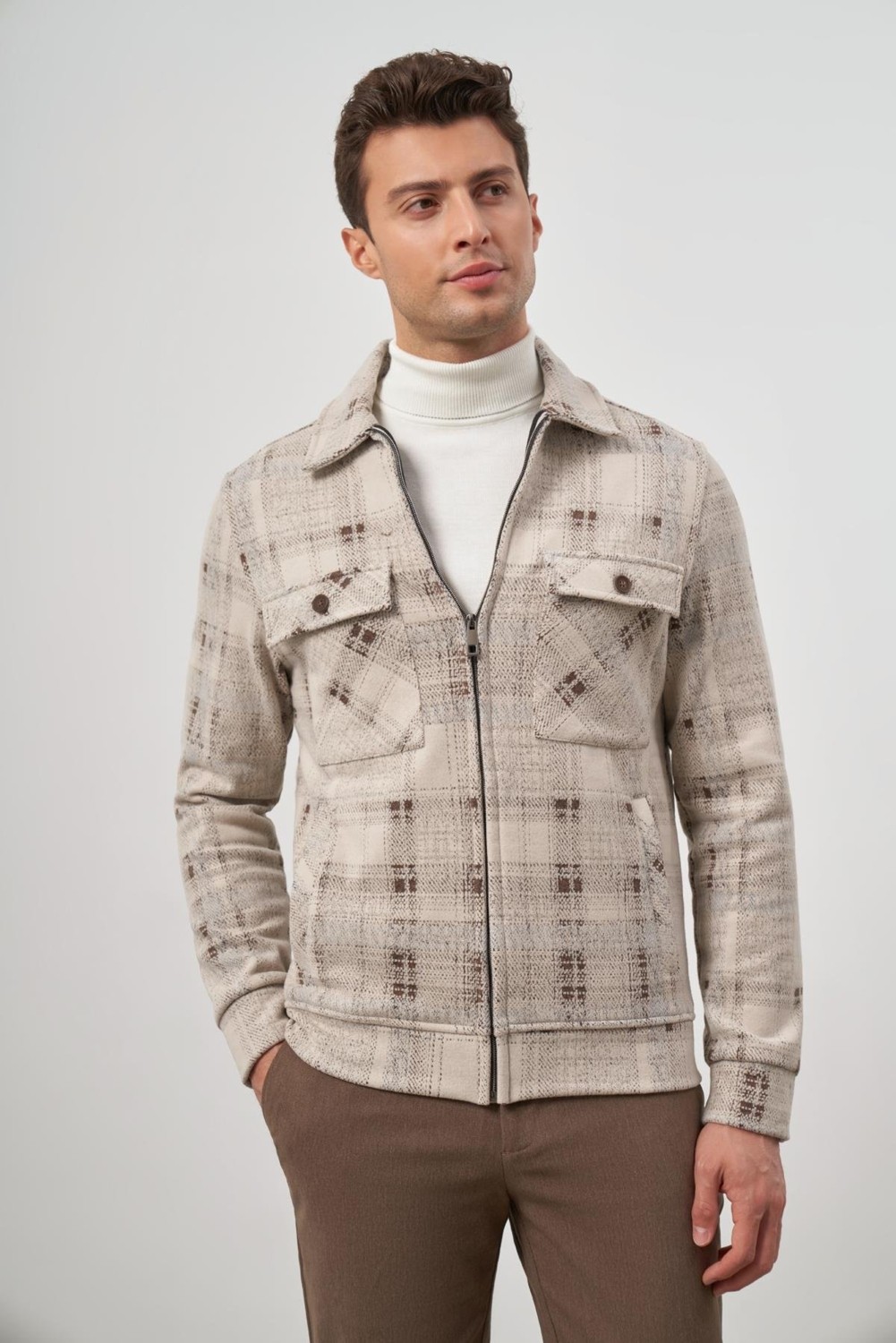 İmza Bej Örme Bebe Yaka Kendinden Desenli Yırtmaçsız Astarsız Slim Fit Classic Mont 1007245157