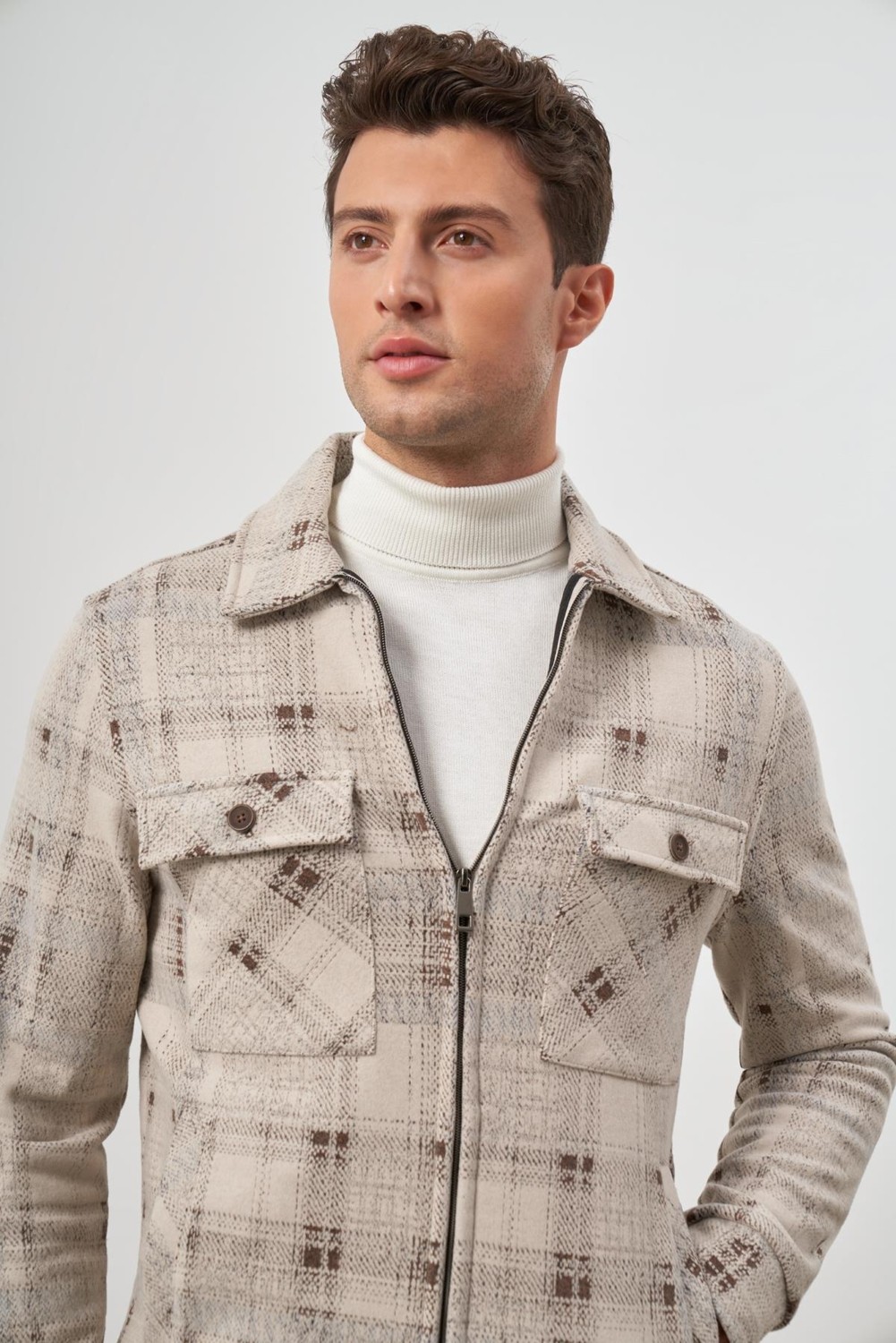 İmza Bej Örme Bebe Yaka Kendinden Desenli Yırtmaçsız Astarsız Slim Fit Classic Mont 1007245157 görsel 3