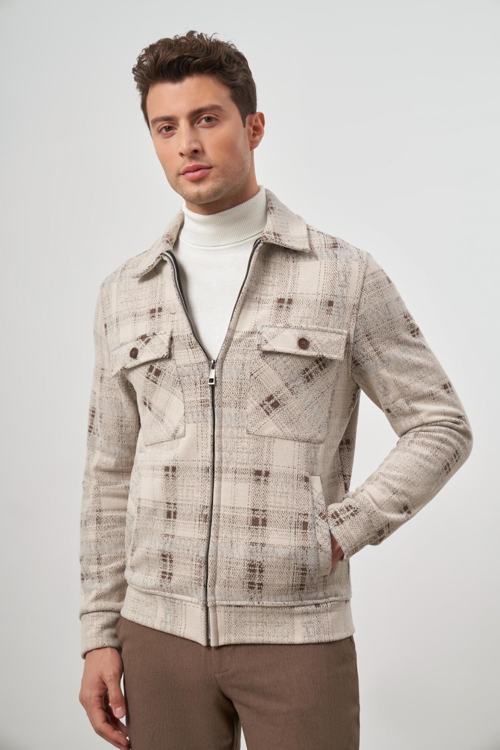 İmza Bej Örme Bebe Yaka Kendinden Desenli Yırtmaçsız Astarsız Slim Fit Classic Mont 1007245157 görsel 4