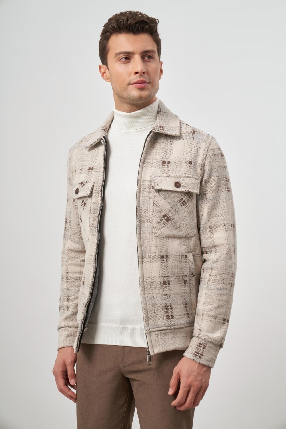 İmza Bej Örme Bebe Yaka Kendinden Desenli Yırtmaçsız Astarsız Slim Fit Classic Mont 1007245157 görsel 5