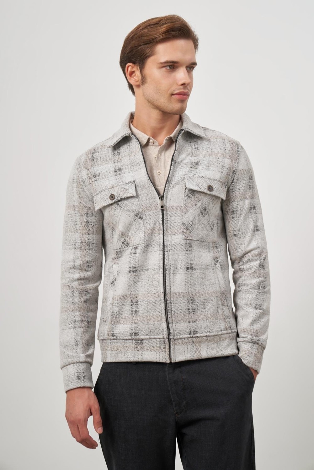 İmza Bej Örme Bebe Yaka Kendinden Desenli Yırtmaçsız Astarsız Slim Fit Classic Mont 1007245157