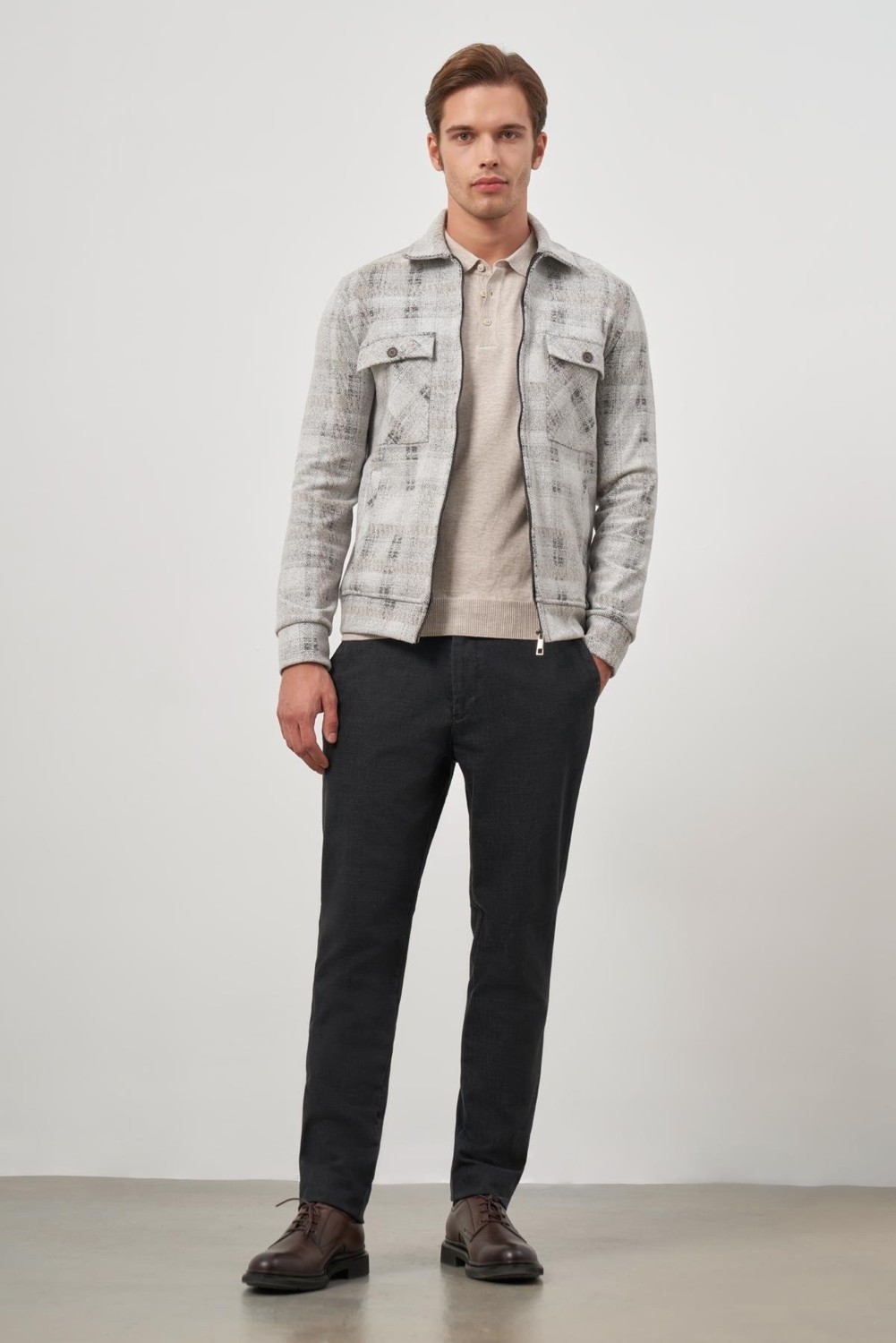 İmza Bej Örme Bebe Yaka Kendinden Desenli Yırtmaçsız Astarsız Slim Fit Classic Mont 1007245157 görsel 7