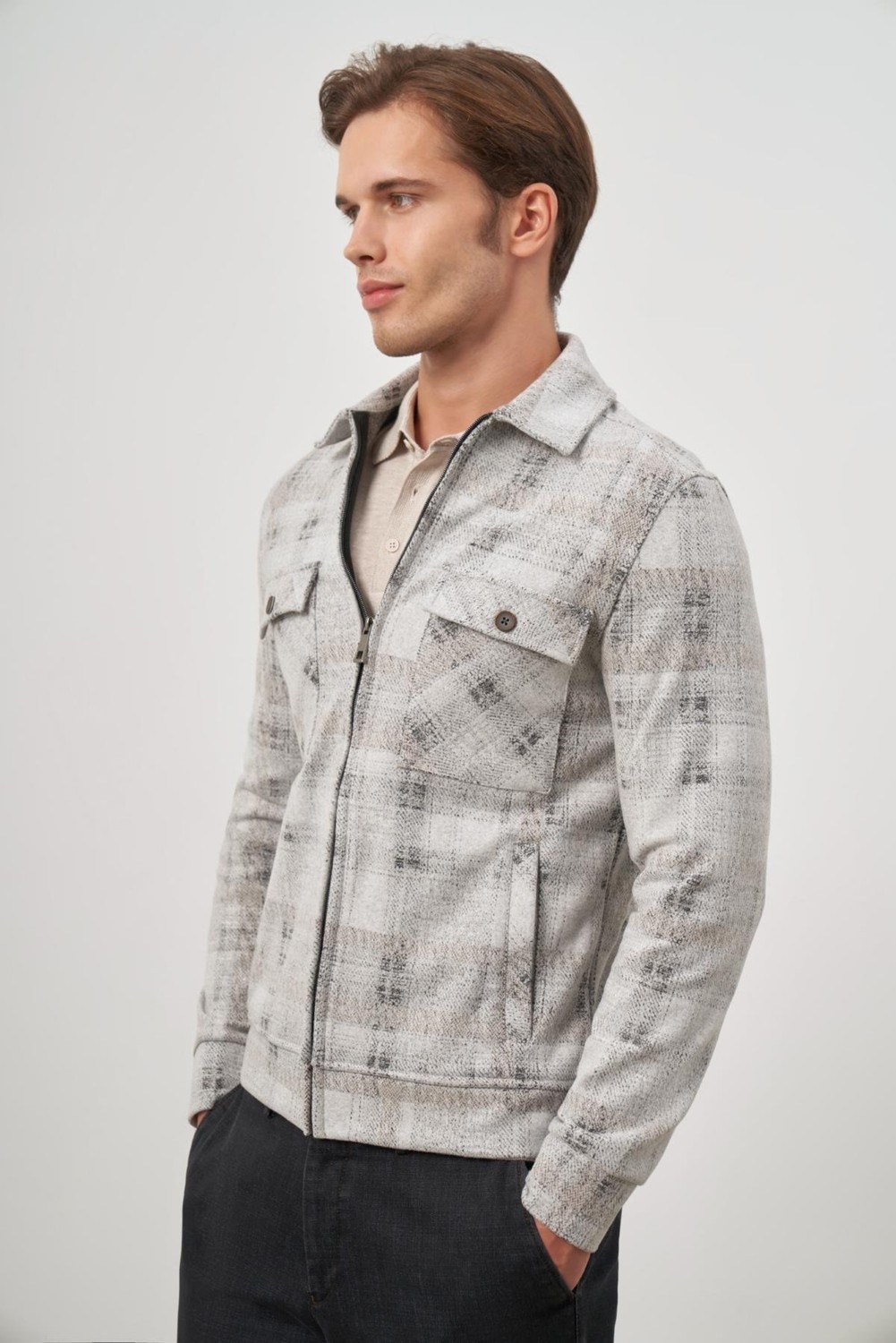 İmza Bej Örme Bebe Yaka Kendinden Desenli Yırtmaçsız Astarsız Slim Fit Classic Mont 1007245157 görsel 8