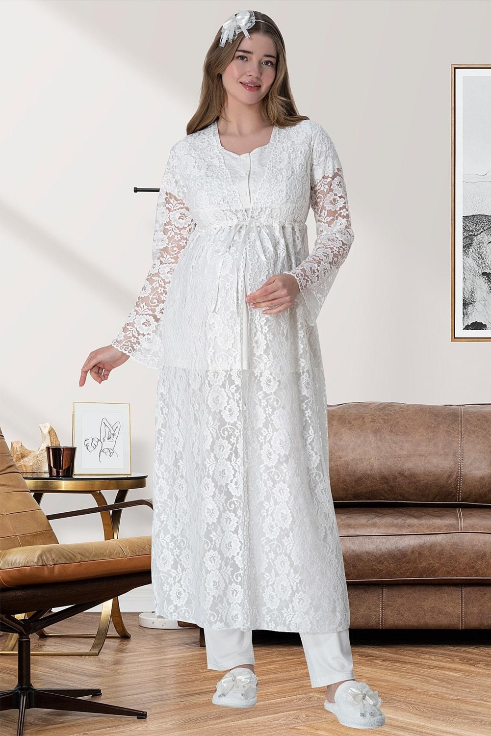 Mecit Pijama Mecit 6060 Ekru Dantel Sabahlıklı Gecelik Pijama Lohusa Set görsel 2
