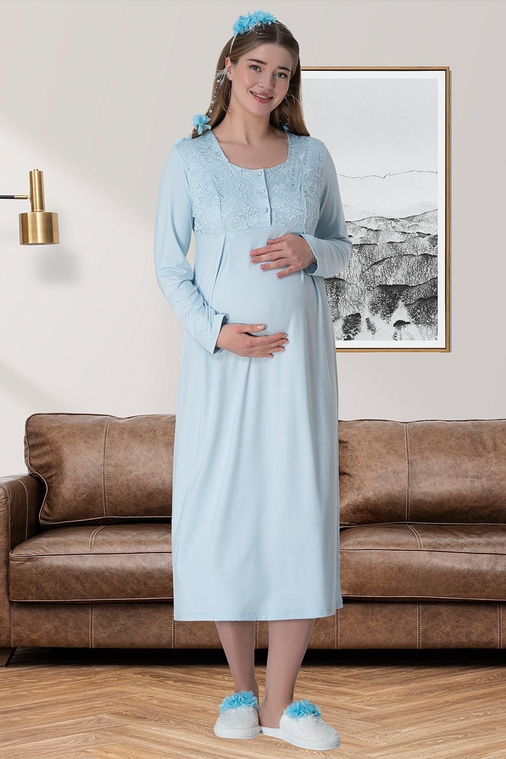 Mecit Pijama Mecit 6060 Mavi Dantel Sabahlıklı Gecelik Pijama Lohusa Set görsel 4