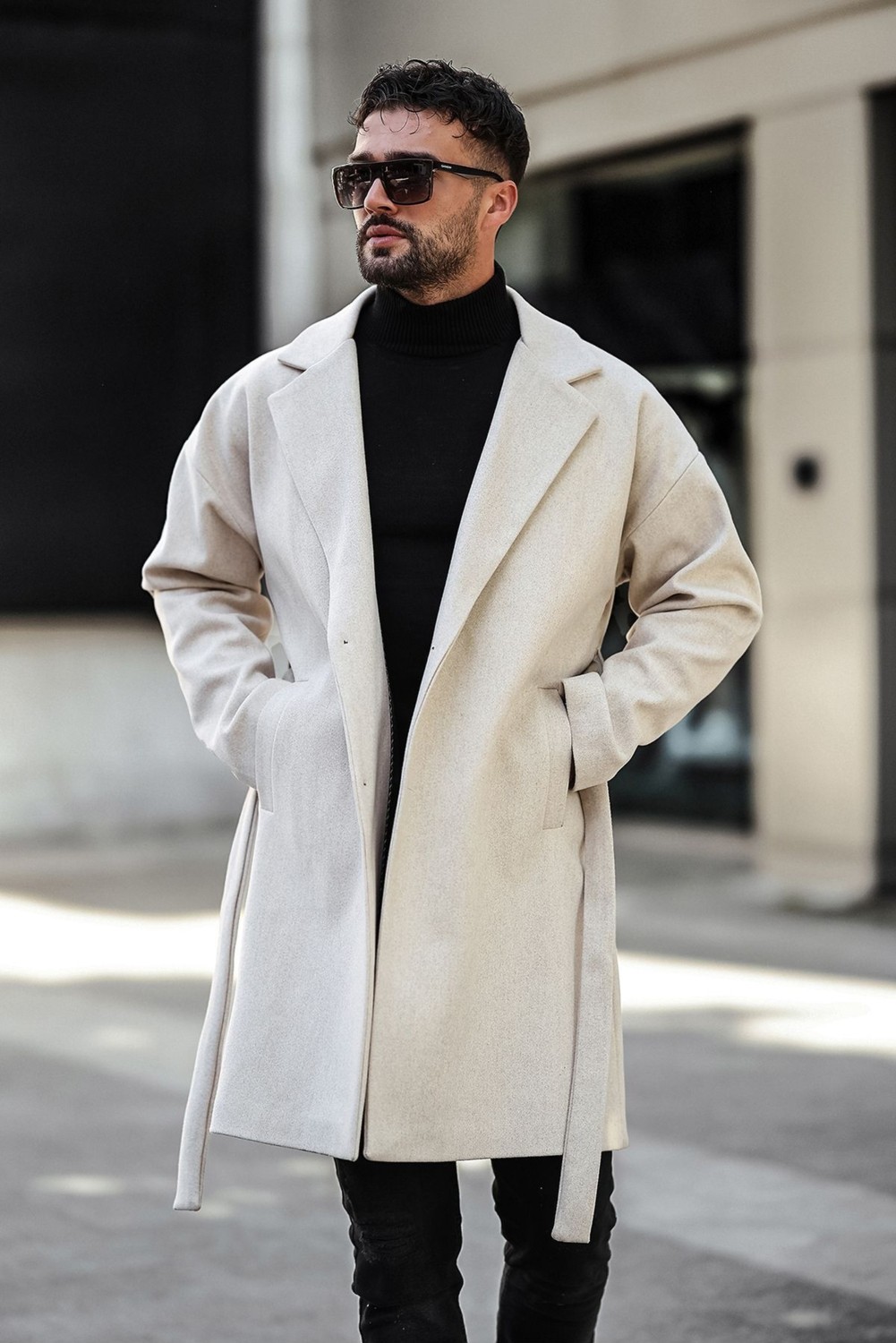 Gm Giyimarket Erkek Siyah Kemerli Oversize Rahat Kesim Kaşe Kaban