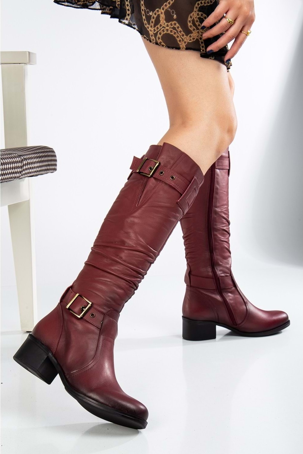 Analin Shoes Kadın Hakiki Deri Körüklü Ayarlanabilir Tokalı Çizme - Kahve