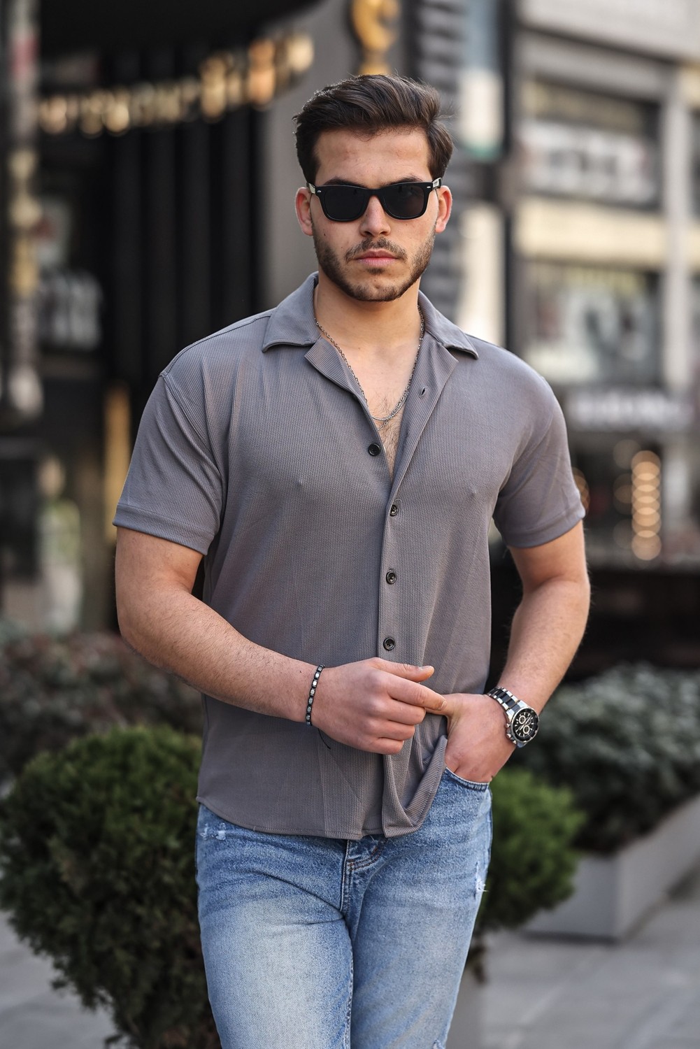Comstarmoda Erkek Yazlık Likralı Slim Fit Gömlek Yaka Kısa Kollu Gömlek