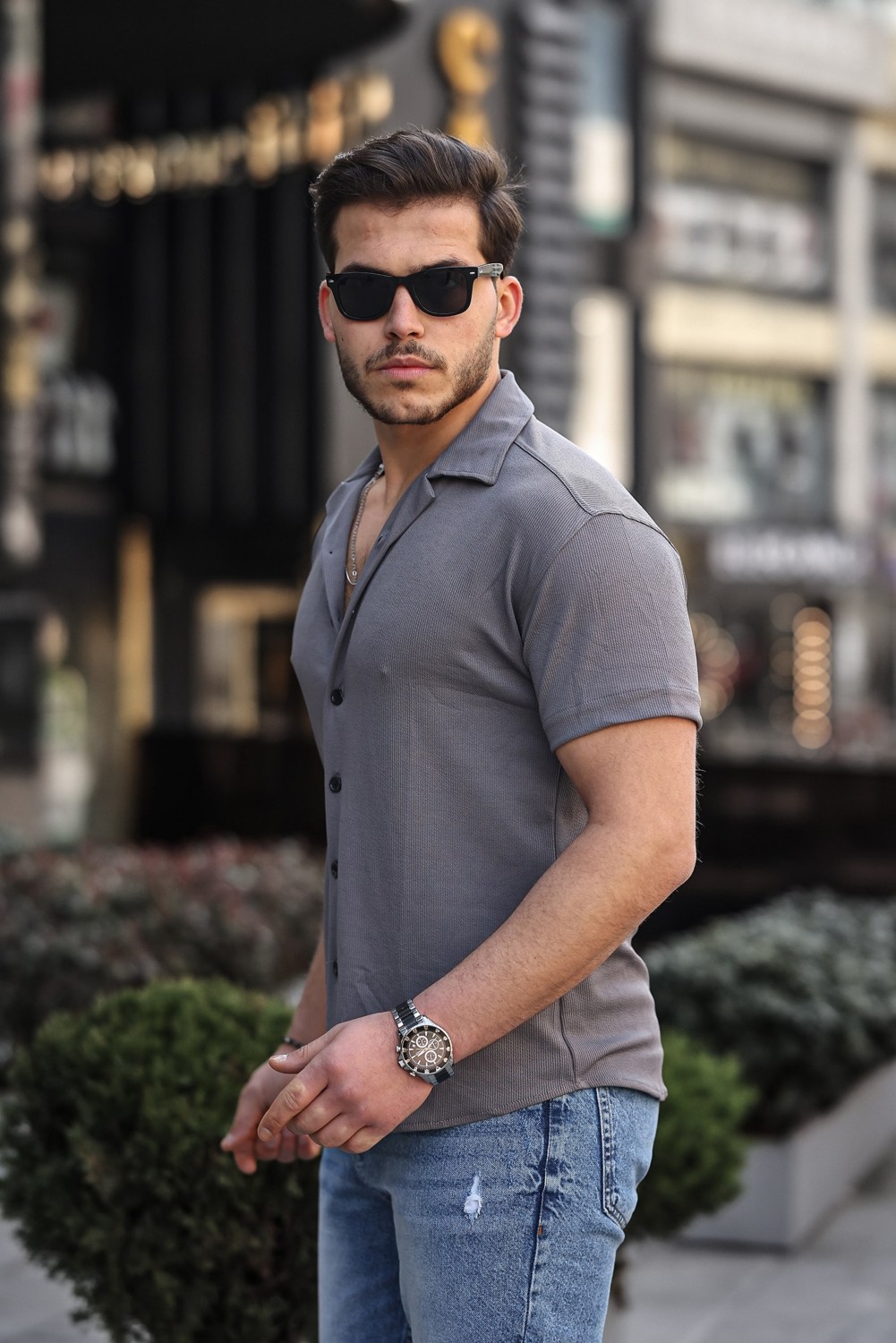 Comstarmoda Erkek Yazlık Likralı Slim Fit Gömlek Yaka Kısa Kollu Gömlek görsel 7