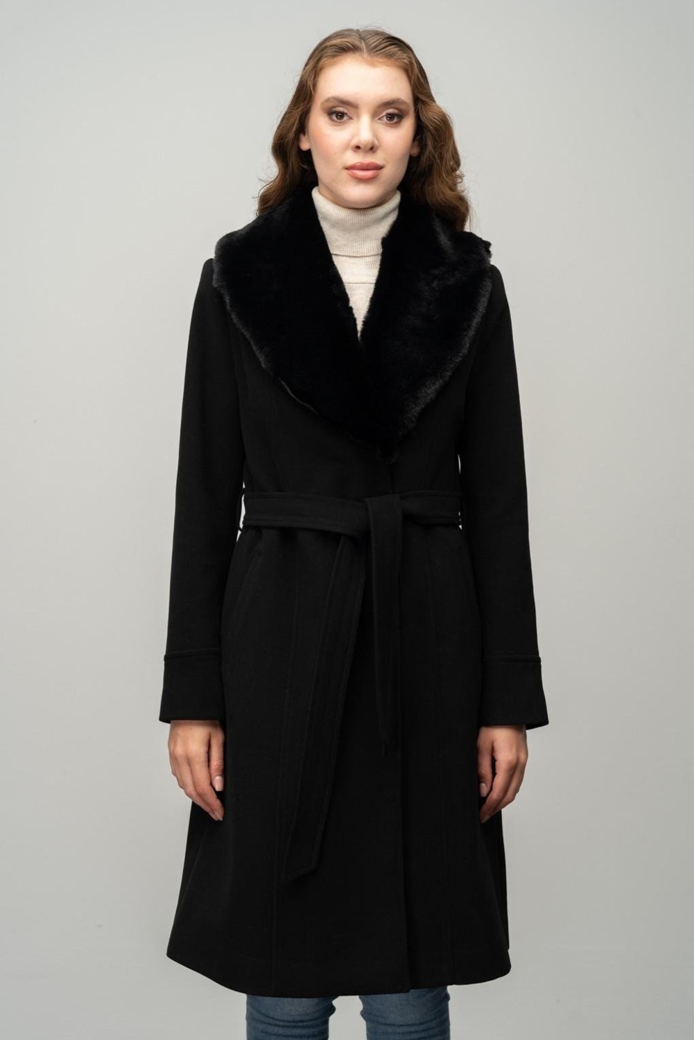 Olcay SİYAH Kadın Kaban, Kürklü ve Belden Kuşaklı, Polyester Malzeme ile Casual Stil görsel 4