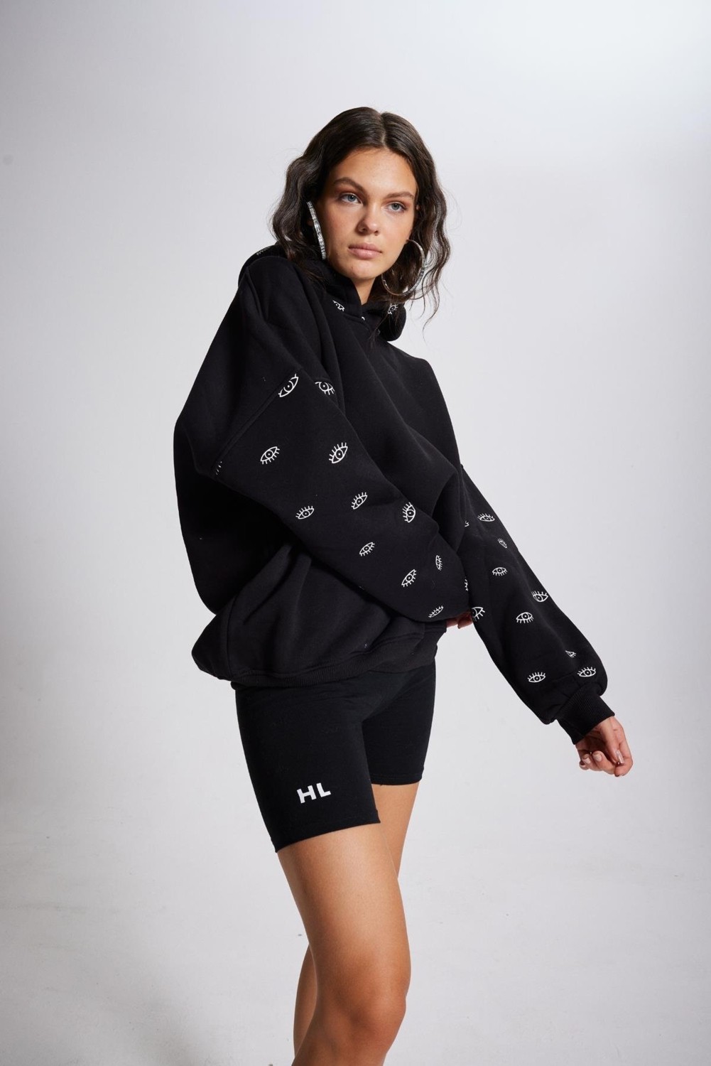 Holly Lolly Kadın Siyah Standart Oversize Kapüşonlu Eye Unisex Sweat görsel 3