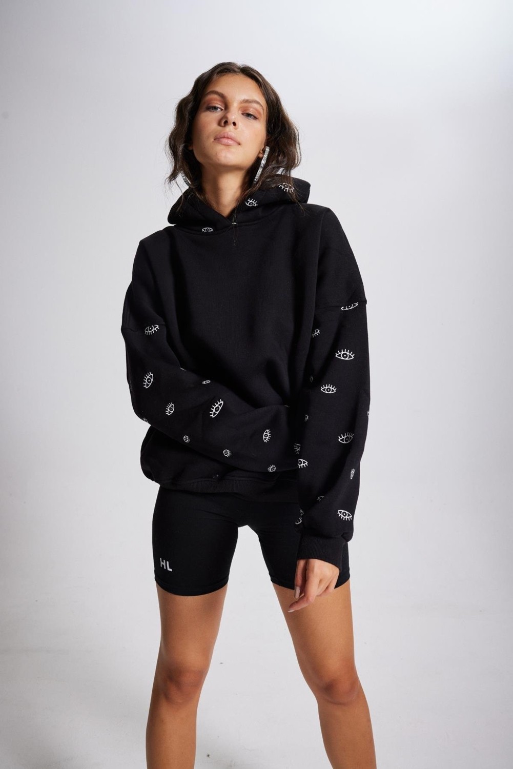 Holly Lolly Kadın Siyah Standart Oversize Kapüşonlu Eye Unisex Sweat görsel 5