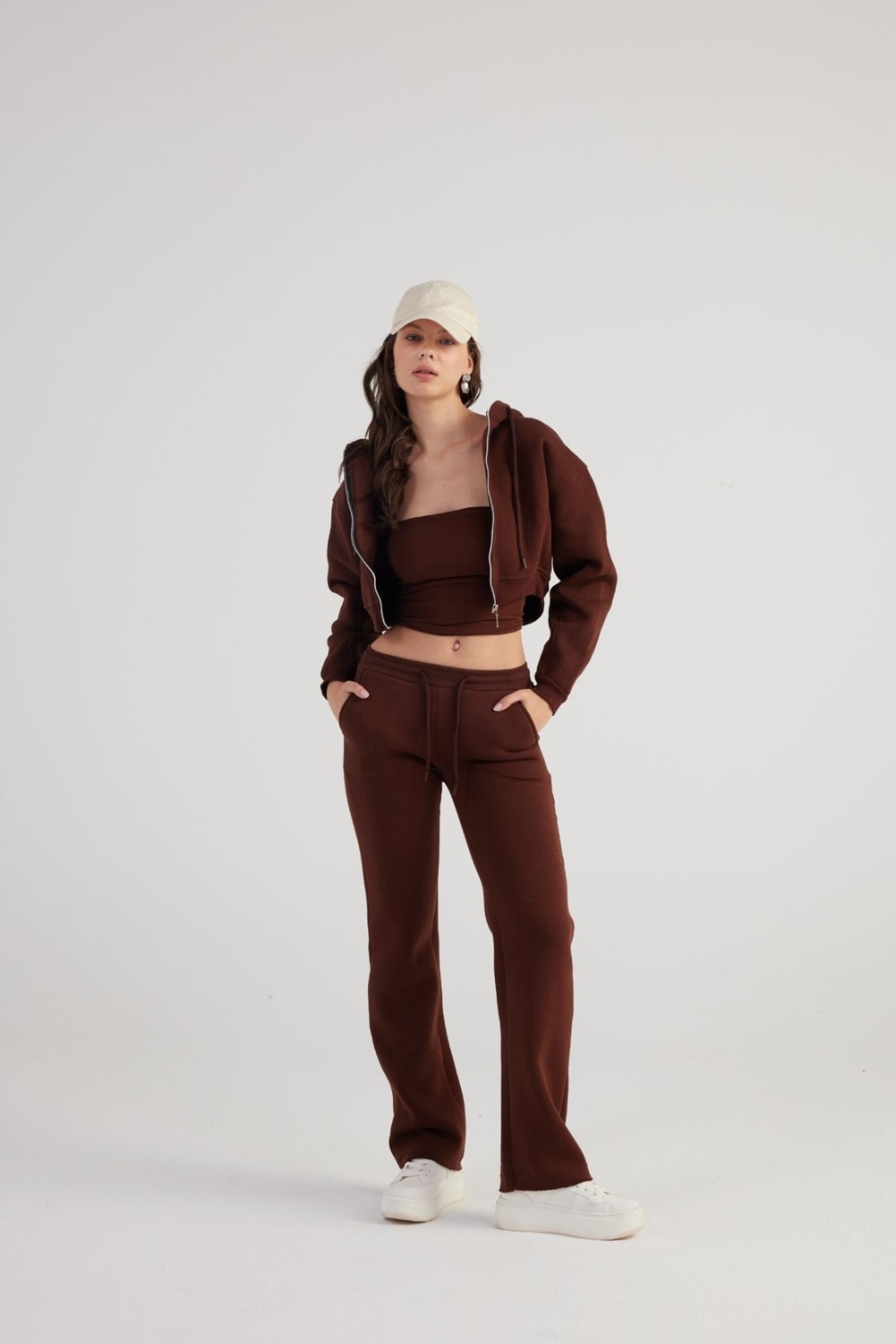 Holly Lolly Kadın Kahverengi Yüksek Bel Straight Kesim Şardonlu Mixed Eşofman Altı görsel 6