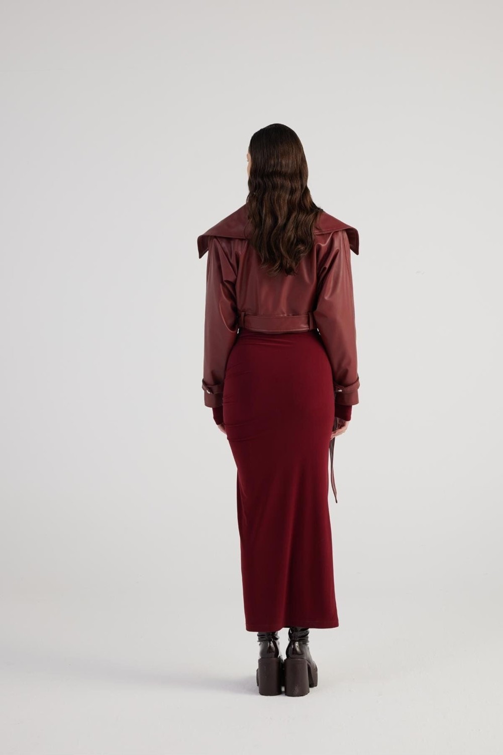 Holly Lolly Neeko Deri Kadın Ceket Bordo Crop Model Astarlı Kemerli Regular Kalıp Şıklığı görsel 4