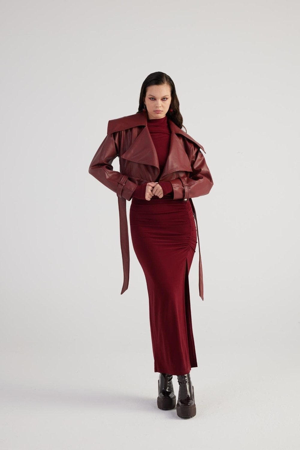 Holly Lolly Neeko Deri Kadın Ceket Bordo Crop Model Astarlı Kemerli Regular Kalıp Şıklığı görsel 6
