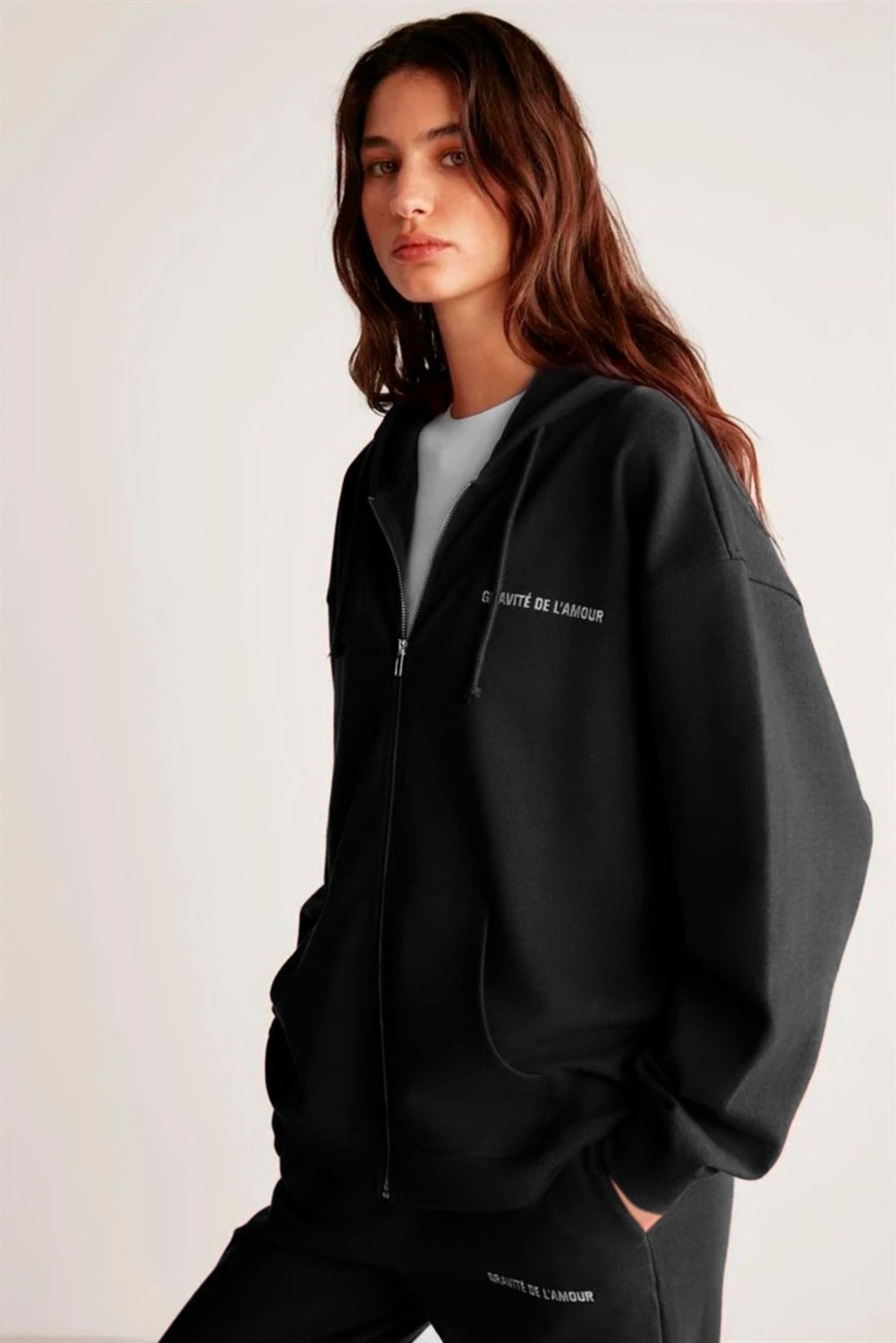 Grimelange Ametıs Kadın Nakış Yazı Detaylı Organik Pamuk Oversize Kapüşonlu Siyah Sweatshirt