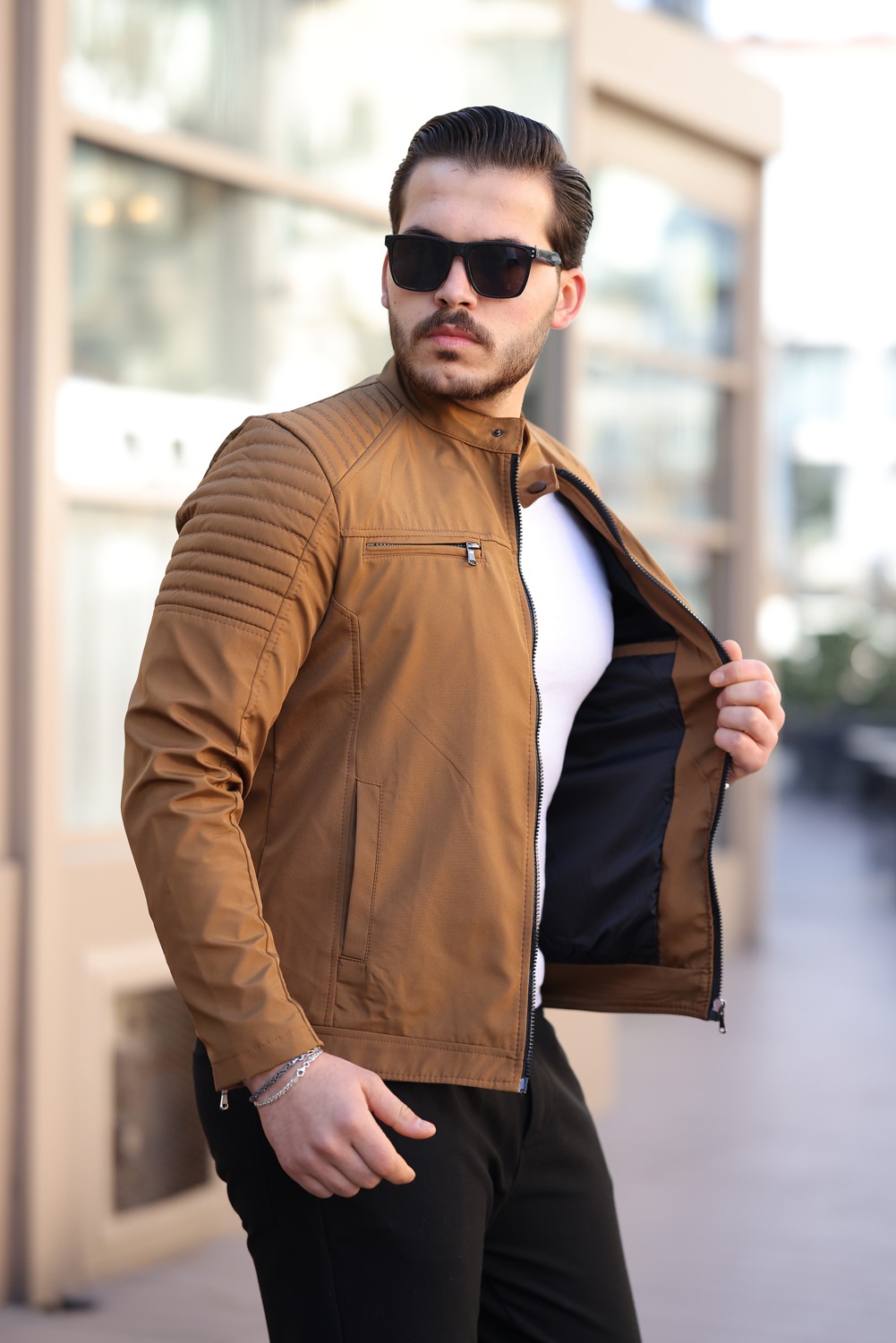 Mero Life Erkek Taba Su ve Rüzgar Geçirmez Slim Fit Astarlı Mevsimlik Mont