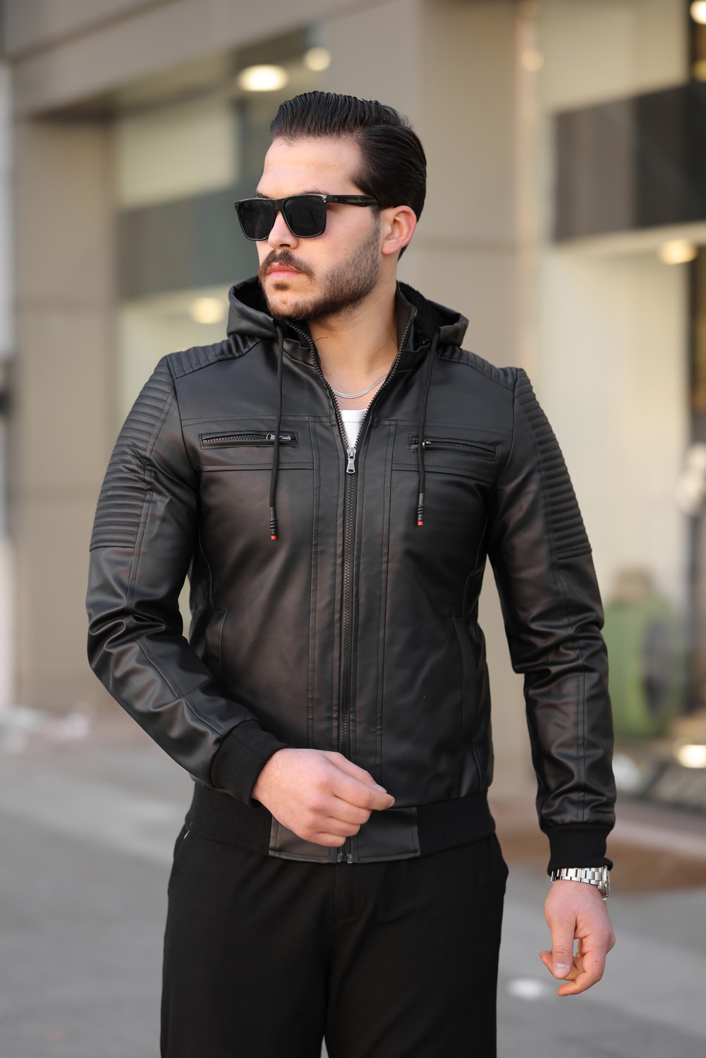 Mero Life Erkek Siyah Dar Kesim Kapüşonlu Bel Lastikli Ribanalı Deri Ceket & Mont görsel 4