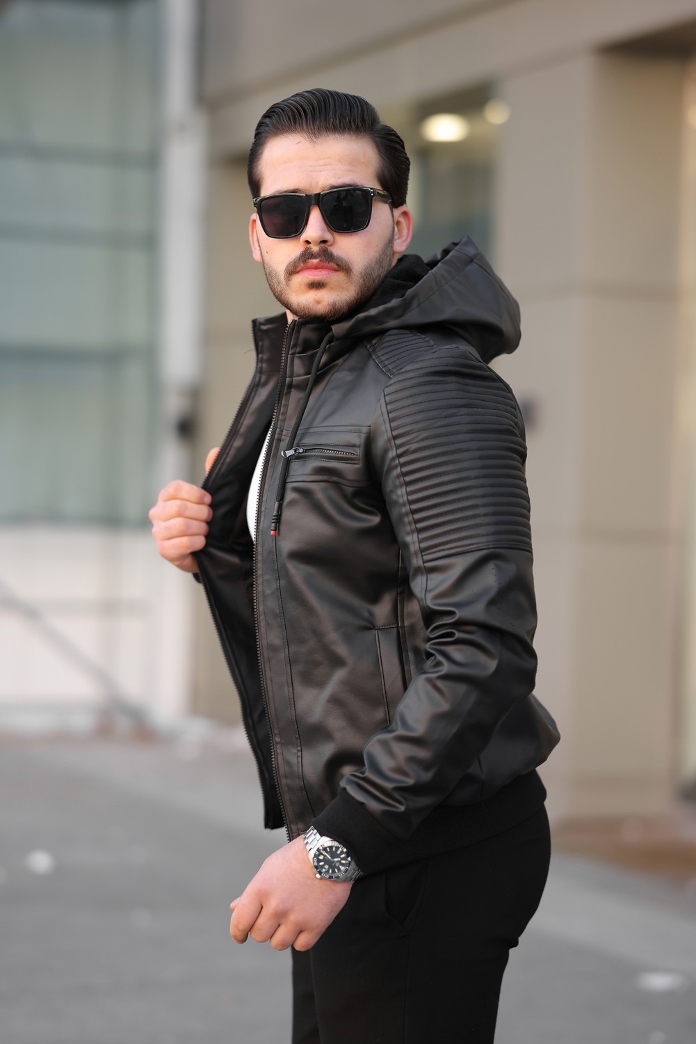 Mero Life Erkek Siyah Dar Kesim Kapüşonlu Bel Lastikli Ribanalı Deri Ceket & Mont görsel 5